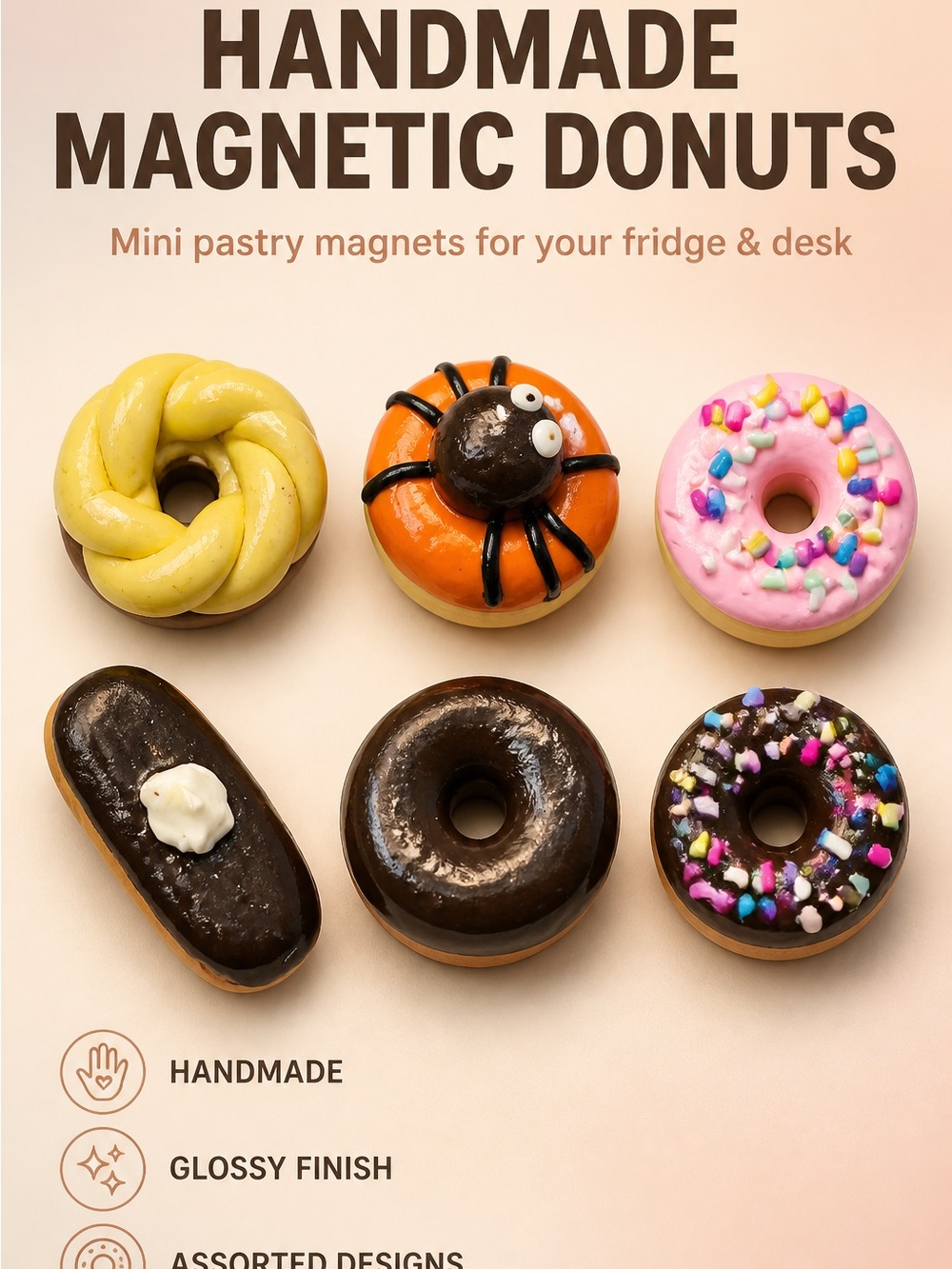Hand created Assorted Mini Donut & Pastry Magnets - Yellow, Orange, Brown, Black